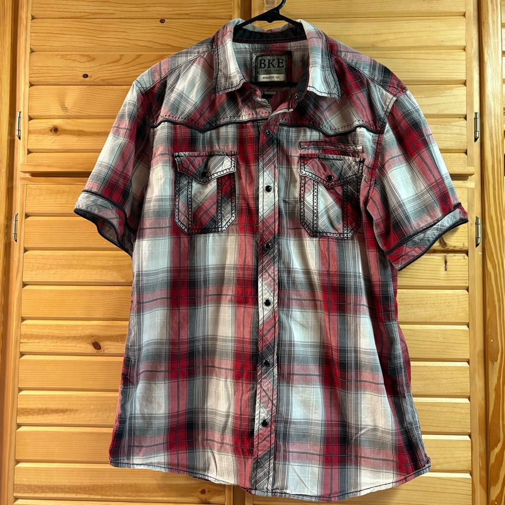 BKE Red, White, and Black Men’s Western Snap Down Shirt, Size L, Athletic Fit